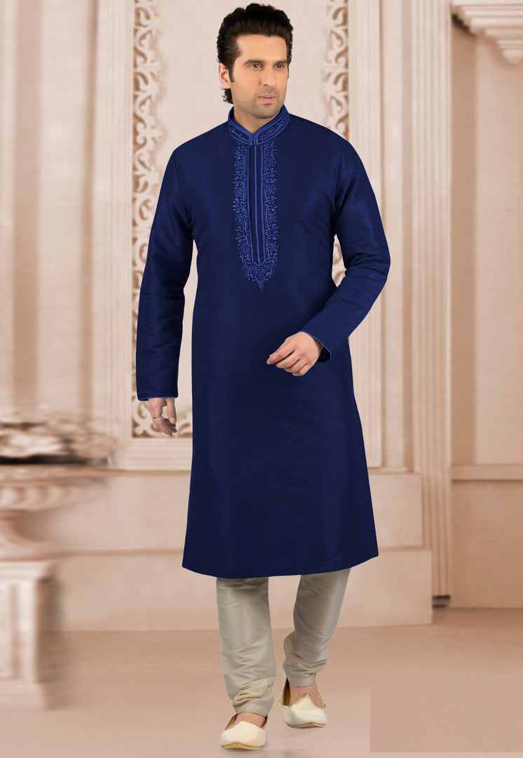 Navy Blue Dupion Silk Kurta Pajama