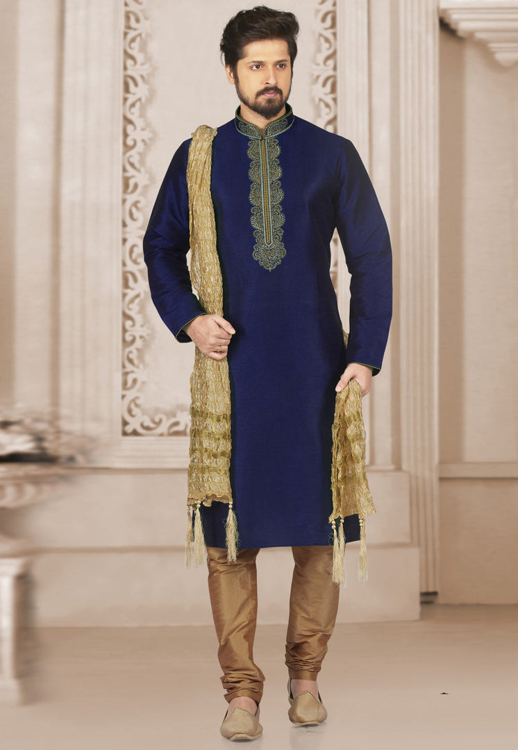 Navy Blue Dupion Silk Kurta Pajama