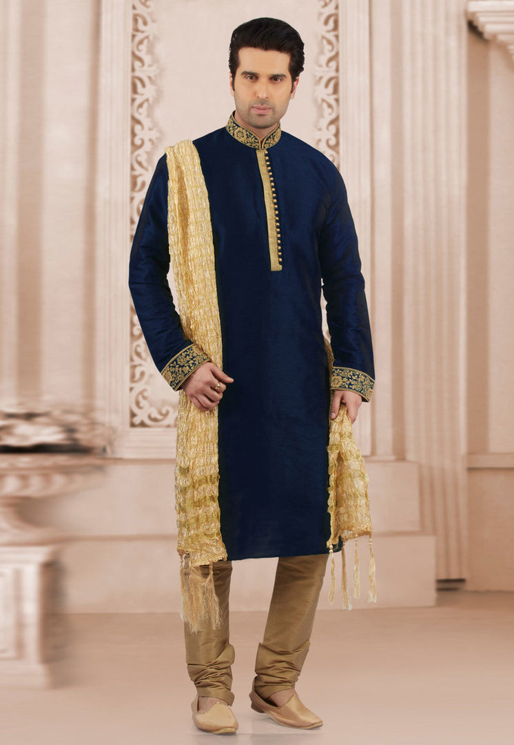 Navy Blue Dupion Silk Kurta Pajama