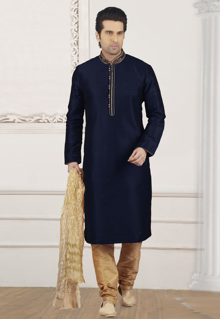 Navy Blue Dupion Silk Kurta Pajama