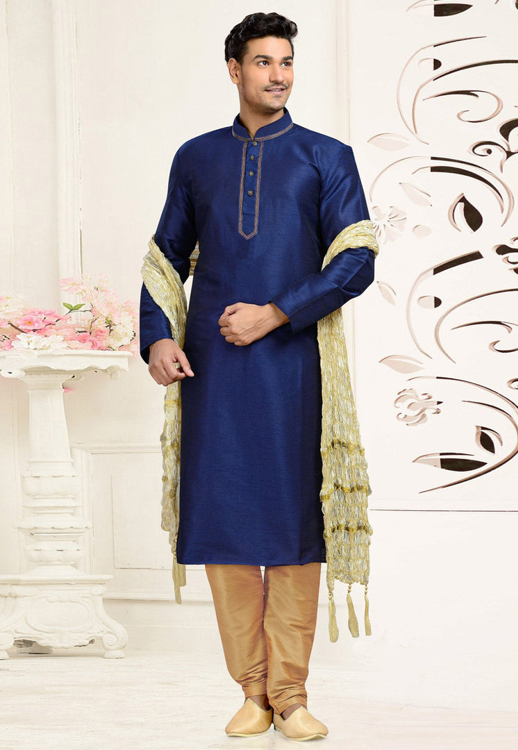 Navy Blue Dupion Silk Kurta Pajama