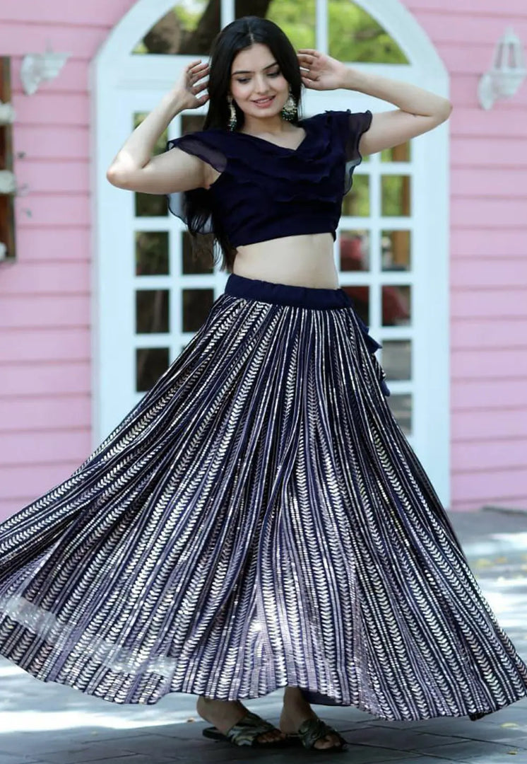 Navy Blue Faux Georgette A Line Lehenga Choli