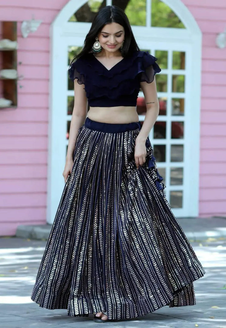 Navy Blue Faux Georgette A Line Lehenga Choli