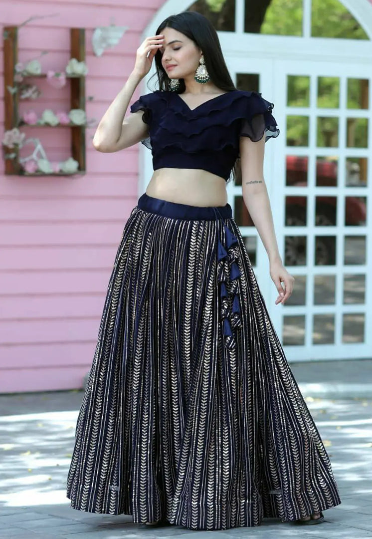 Navy Blue Faux Georgette A Line Lehenga Choli