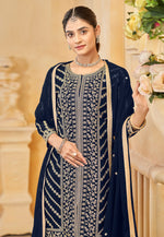 Load image into Gallery viewer, Navy Blue Faux Georgette Embroidered Sharara Suit
