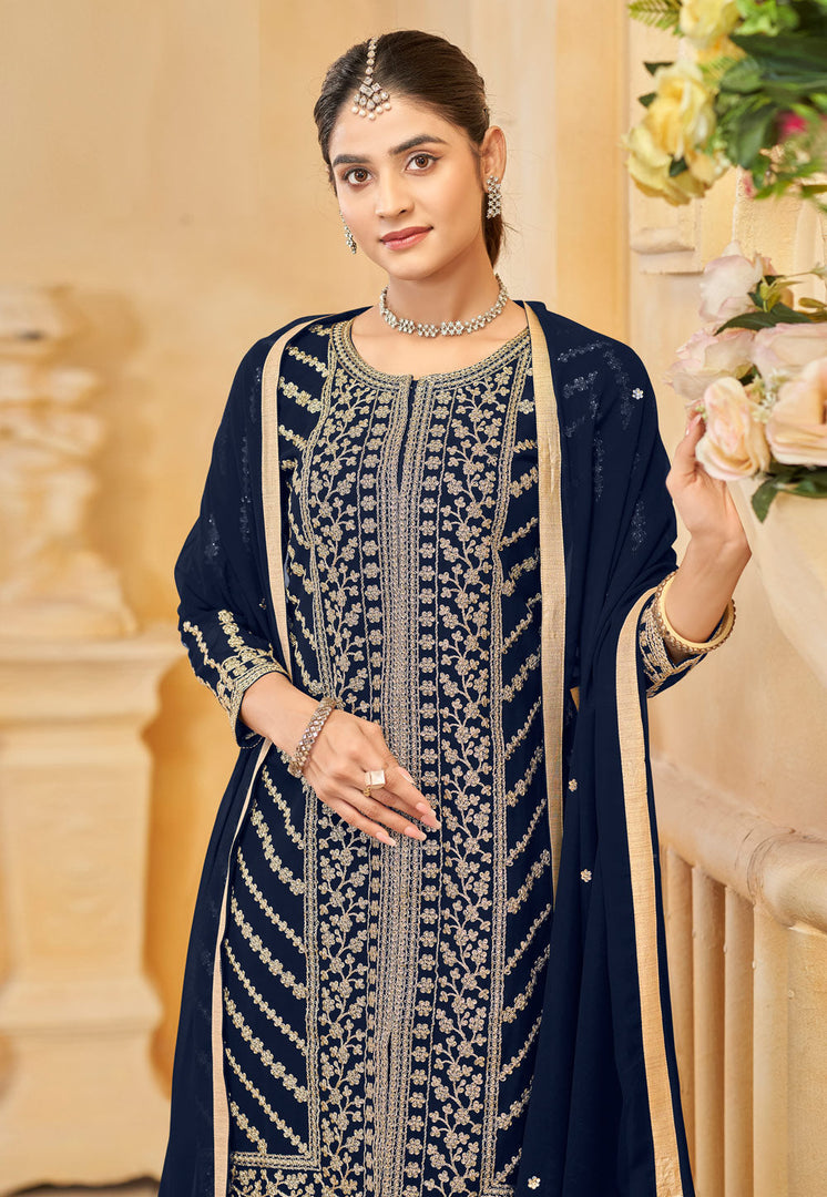 Navy Blue Faux Georgette Embroidered Sharara Suit