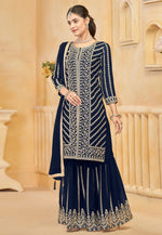 Load image into Gallery viewer, Navy Blue Faux Georgette Embroidered Sharara Suit

