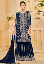 Load image into Gallery viewer, Navy Blue Faux Georgette Embroidered Sharara Suit
