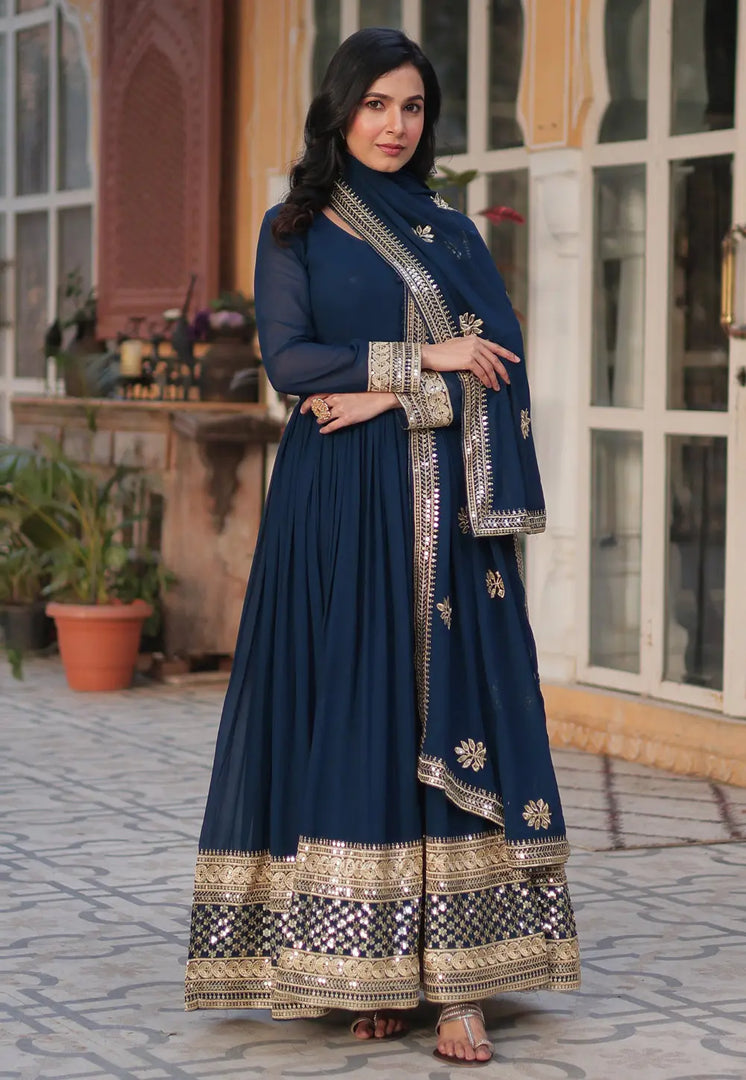 Navy Blue Faux Georgette Readymade Anarkali Suit