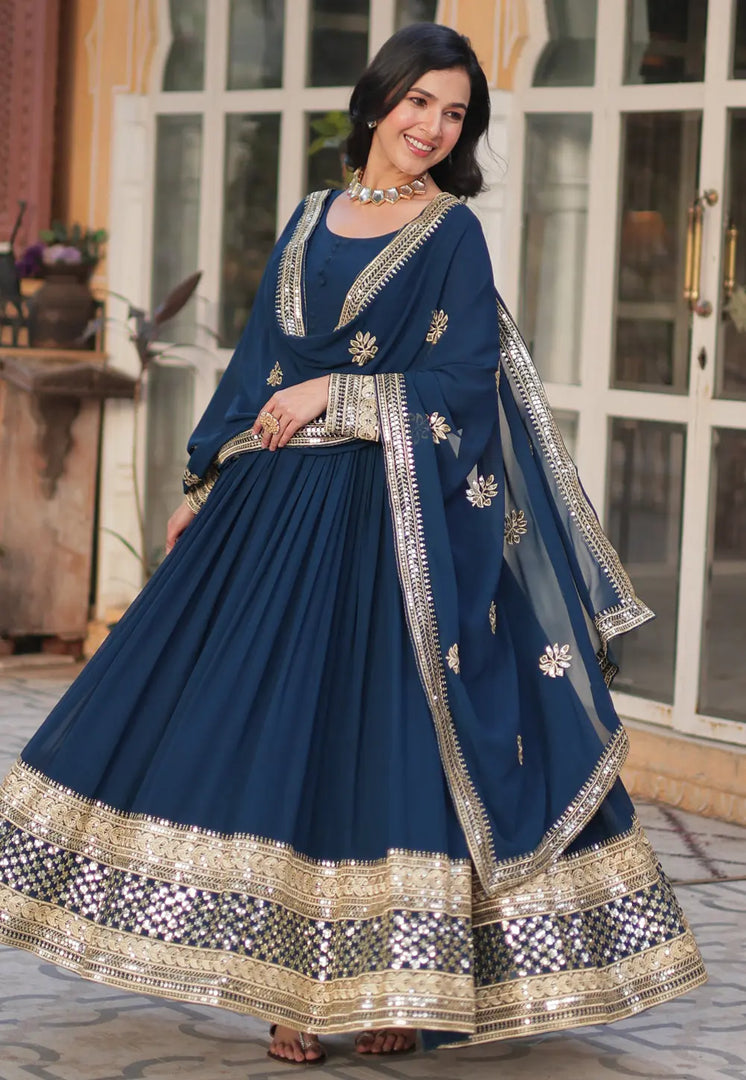 Navy Blue Faux Georgette Readymade Anarkali Suit