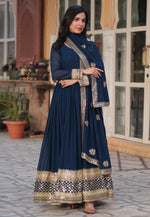 Load image into Gallery viewer, Navy Blue Faux Georgette Readymade Anarkali Suit
