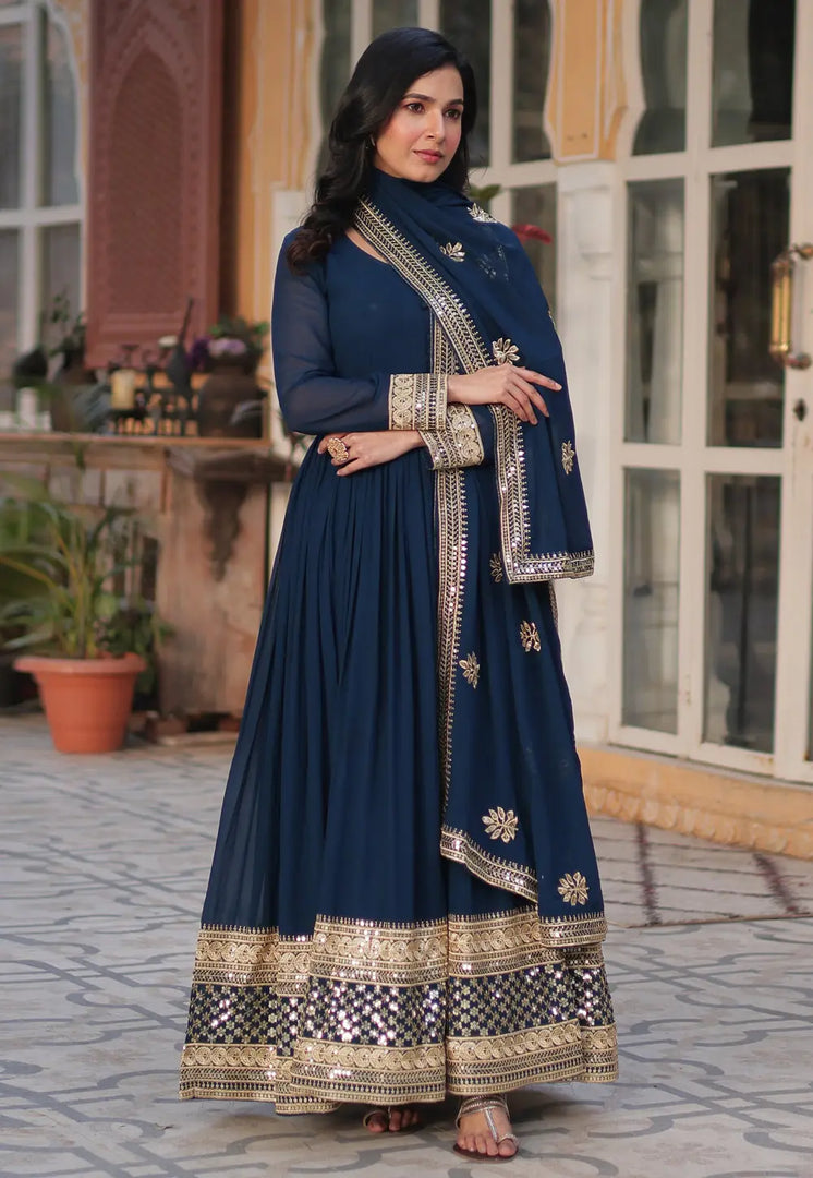 Navy Blue Faux Georgette Readymade Anarkali Suit