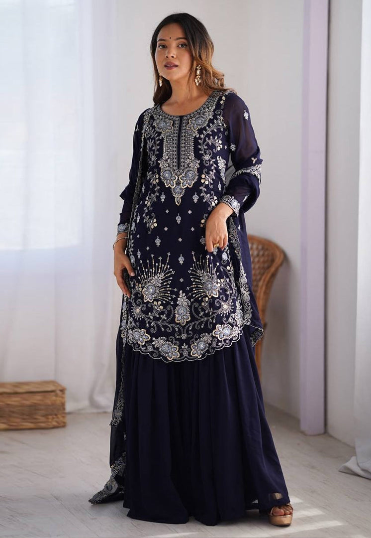 Navy Blue Faux Georgette Readymade Gharara Suit