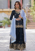 Load image into Gallery viewer, Navy Blue Faux Georgette Readymade Gharara Suit
