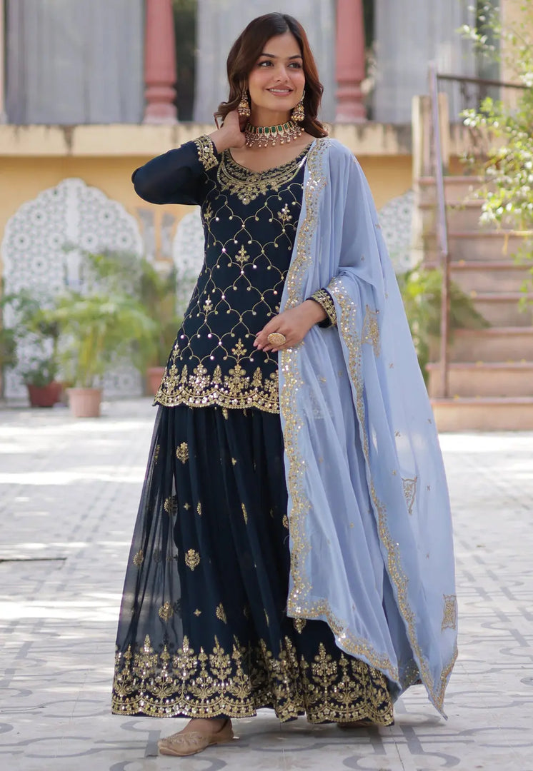 Navy Blue Faux Georgette Readymade Gharara Suit