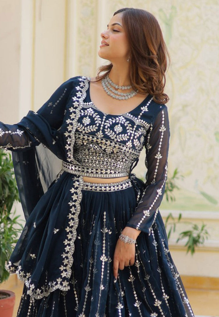 Navy Blue Faux Georgette Readymade Lehenga Choli