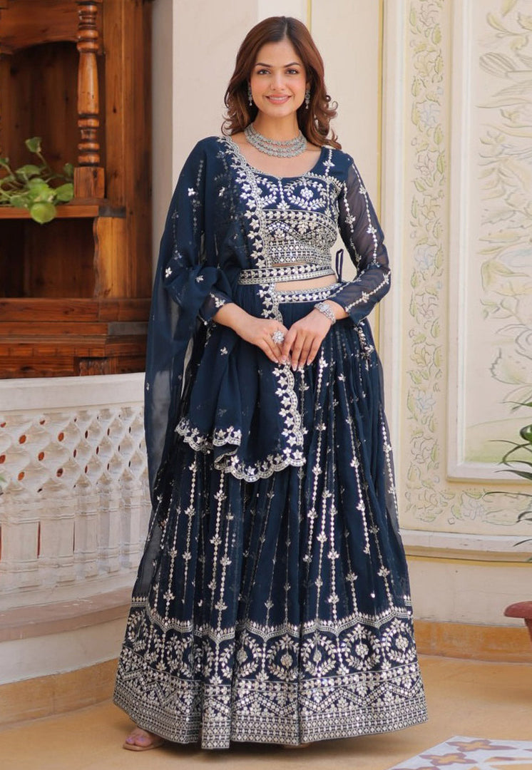 Navy Blue Faux Georgette Readymade Lehenga Choli