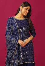 Load image into Gallery viewer, Navy Blue Faux Georgette Readymade Sharara Suit
