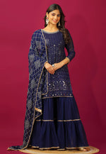 Load image into Gallery viewer, Navy Blue Faux Georgette Readymade Sharara Suit

