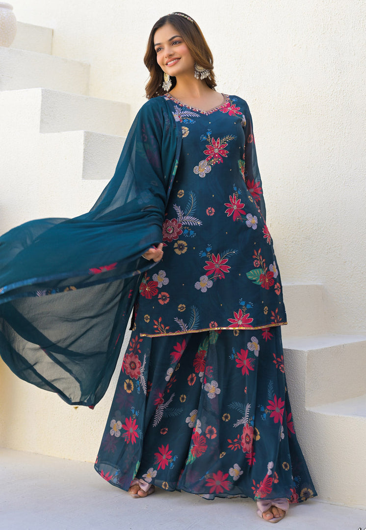 Navy Blue Georgette Readymade Palazzo Suit