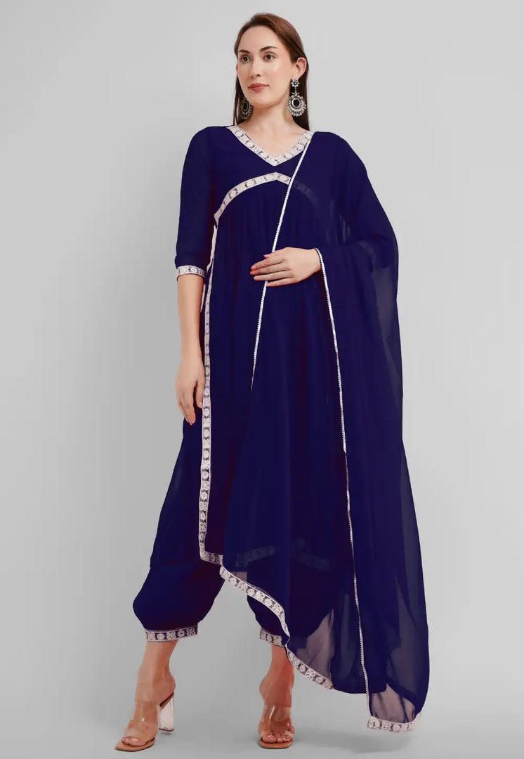 Navy Blue Georgette Readymade Patiala Suit