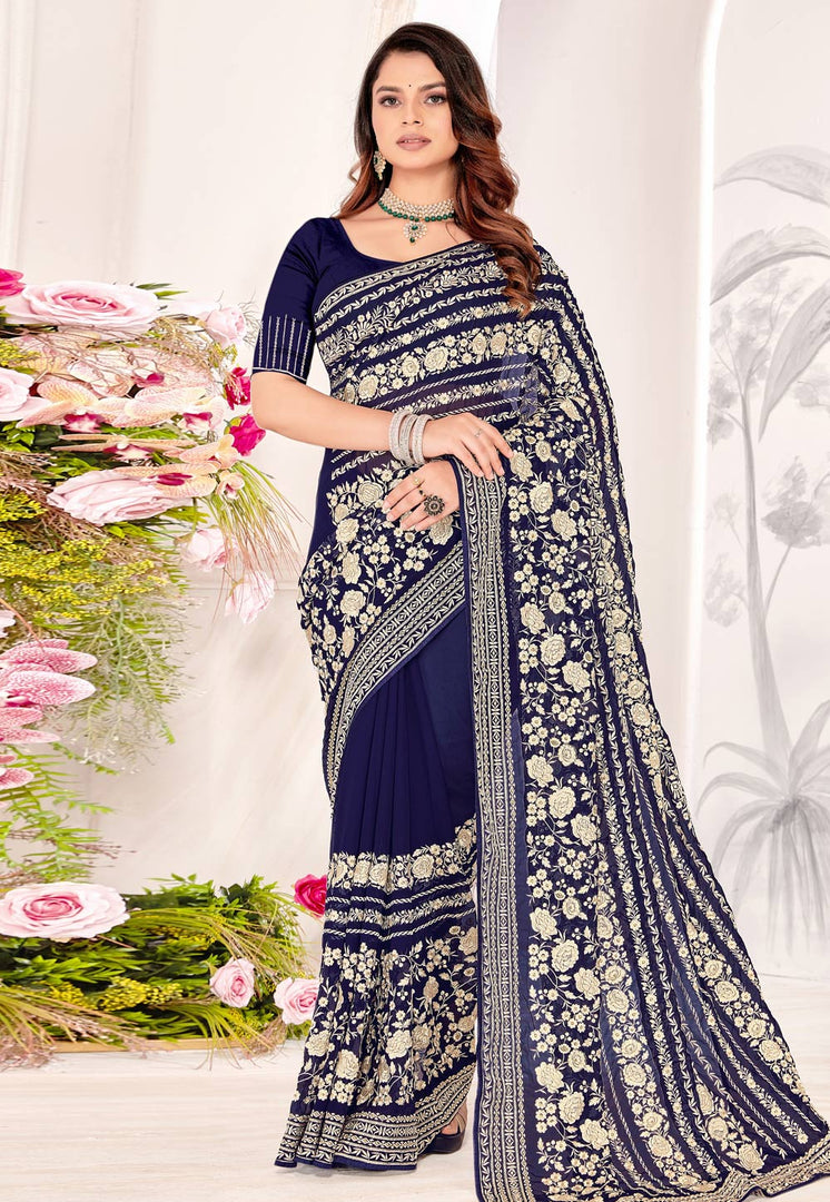 Navy Blue Georgette Saree With Blouse