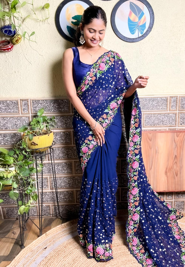 Navy Blue Georgette Saree With Blouse