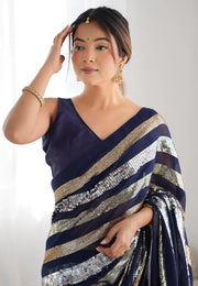 Navy Blue Georgette Sequence Saree