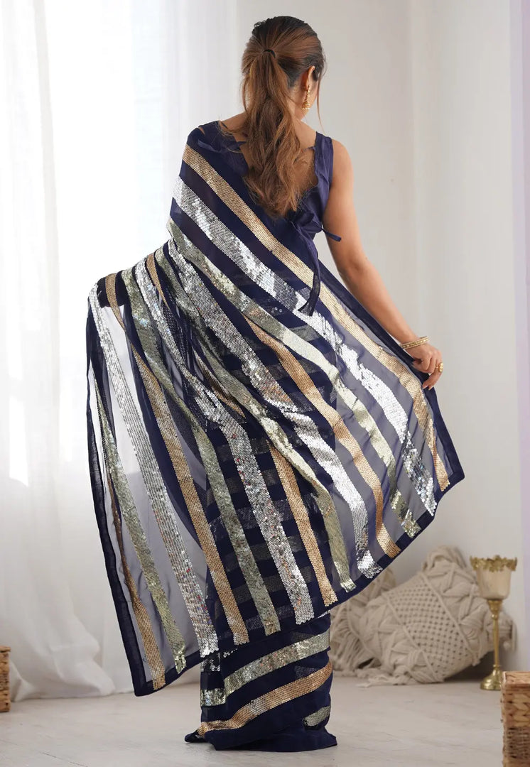 Navy Blue Georgette Sequence Saree