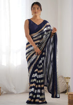 Load image into Gallery viewer, Navy Blue Georgette Sequence Saree
