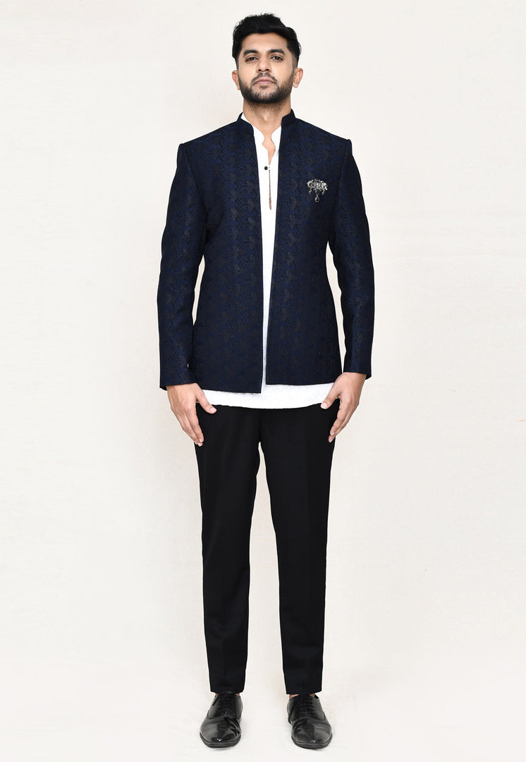 Navy Blue Jacquard Designer Suit