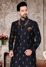 Load image into Gallery viewer, Navy Blue Jacquard Dhoti Sherwani
