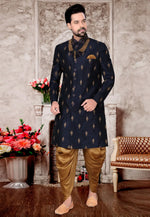 Load image into Gallery viewer, Navy Blue Jacquard Dhoti Sherwani
