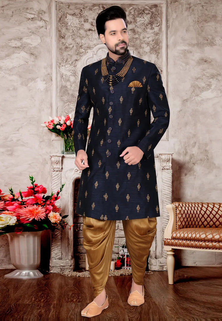 Navy Blue Jacquard Dhoti Sherwani