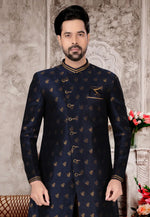 Load image into Gallery viewer, Navy Blue Jacquard Indo Western Suit
