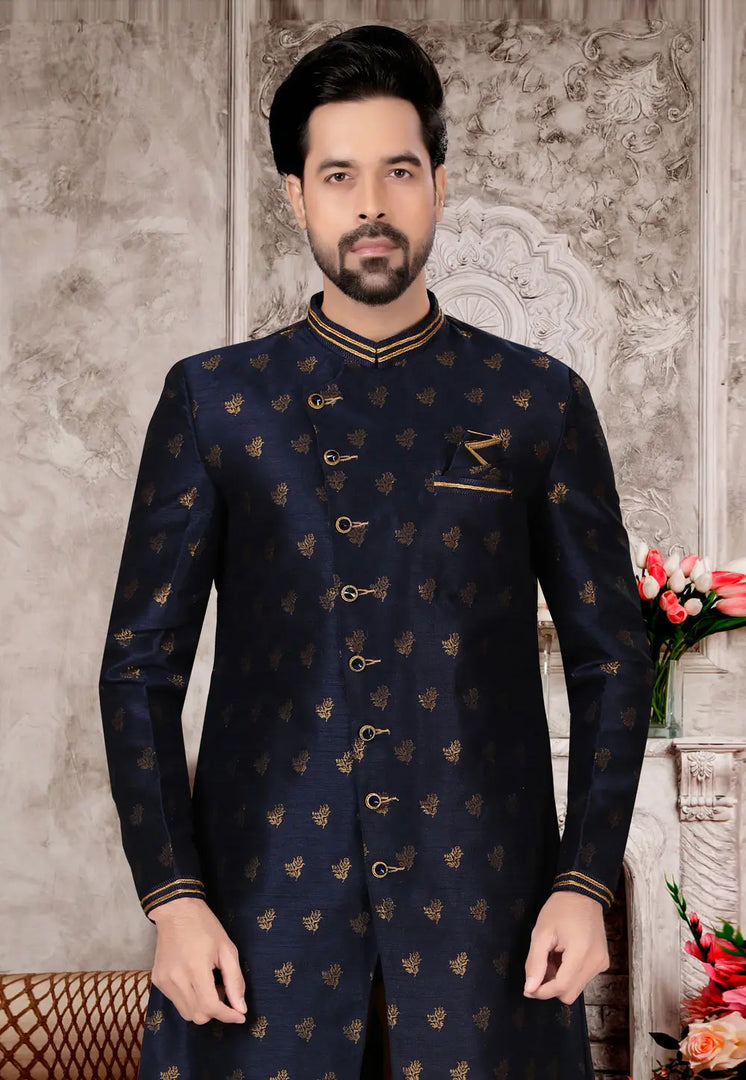 Navy Blue Jacquard Indo Western Suit