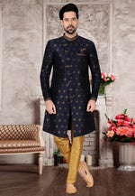 Load image into Gallery viewer, Navy Blue Jacquard Indo Western Suit

