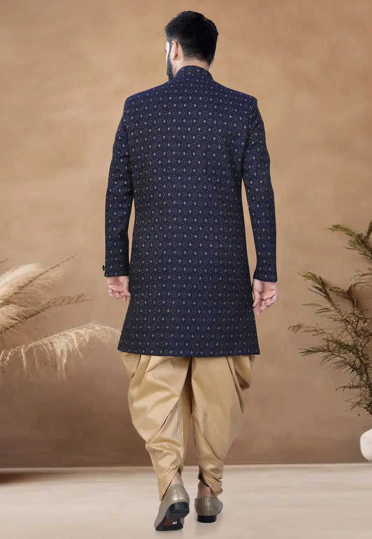 Navy Blue Jacquard Indo Western Suit