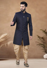 Load image into Gallery viewer, Navy Blue Jacquard Indo Western Suit

