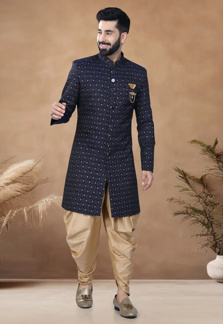Navy Blue Jacquard Indo Western Suit
