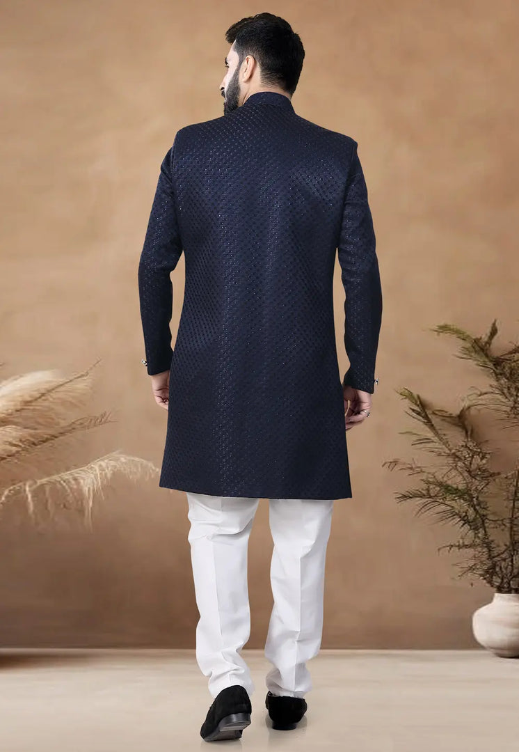 Navy Blue Jacquard Indo Western Suit