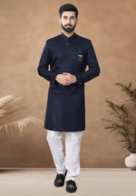 Load image into Gallery viewer, Navy Blue Jacquard Indo Western Suit
