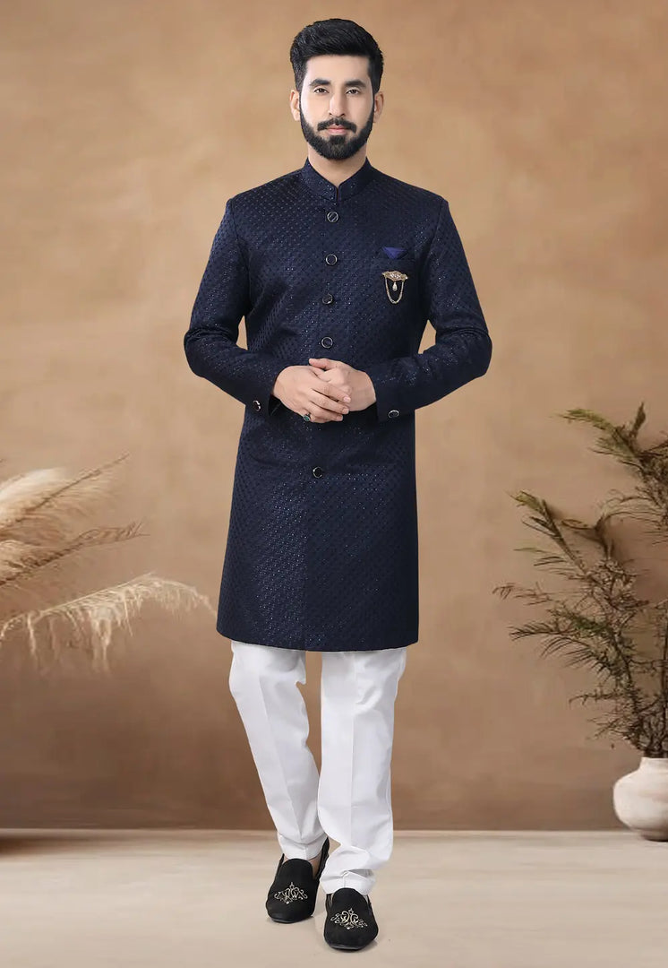Navy Blue Jacquard Indo Western Suit