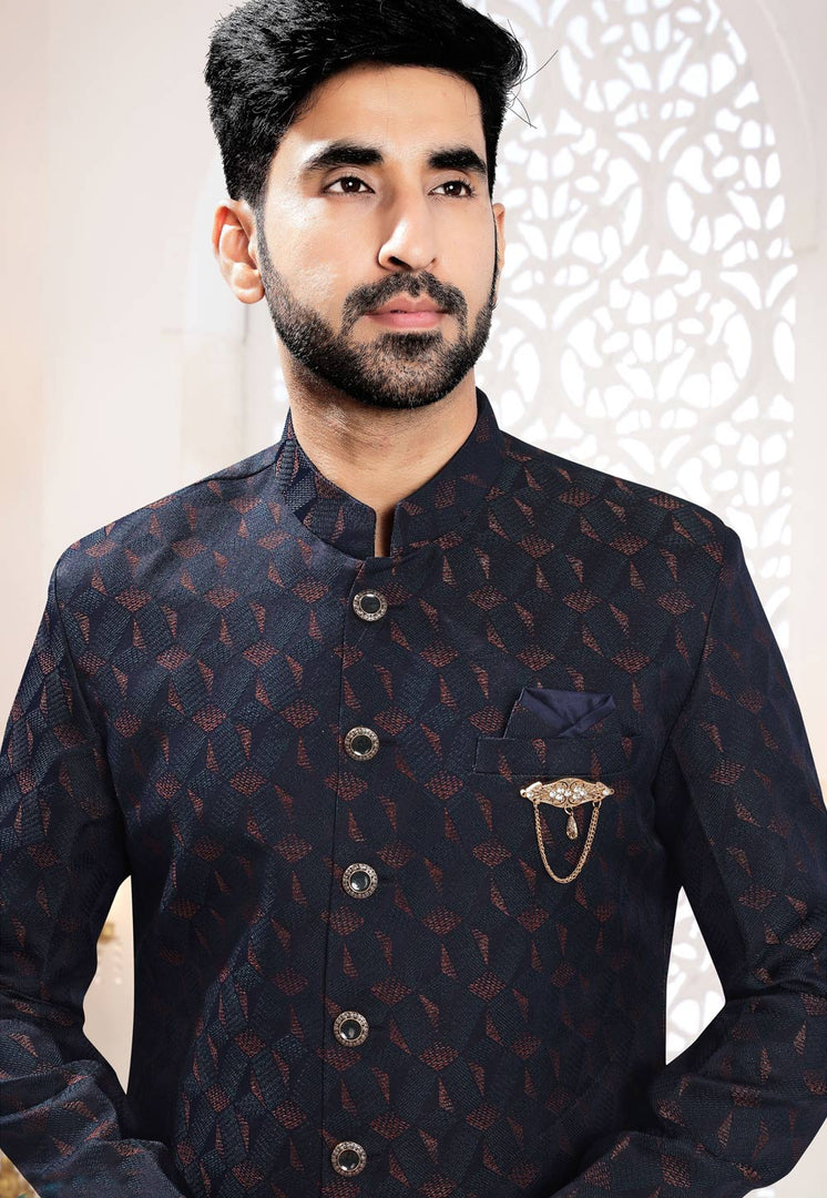 Navy Blue Jacquard Indo Western Suit