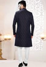 Load image into Gallery viewer, Navy Blue Jacquard Indo Western Suit
