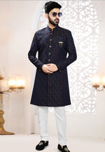 Load image into Gallery viewer, Navy Blue Jacquard Indo Western Suit
