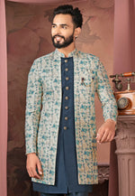 Load image into Gallery viewer, Navy Blue Jacquard Jacket Style Sherwani
