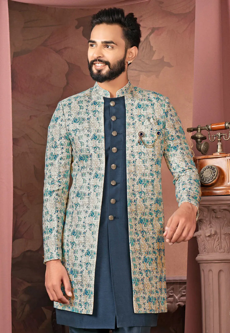Navy Blue Jacquard Jacket Style Sherwani