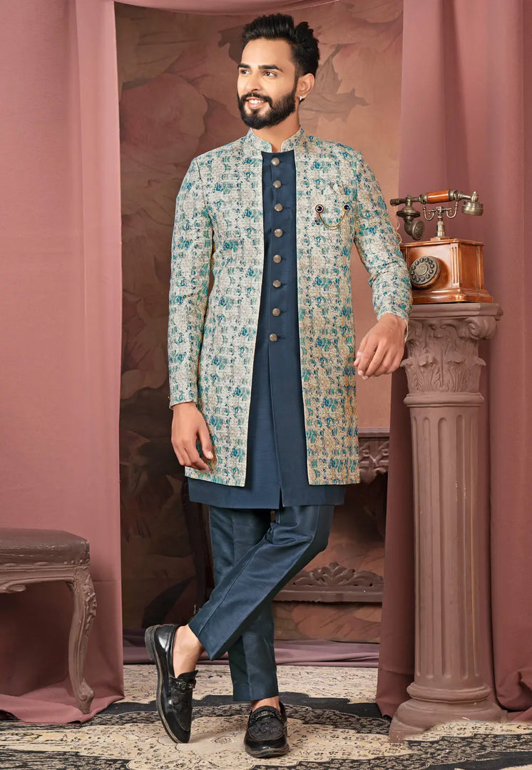 Navy Blue Jacquard Jacket Style Sherwani