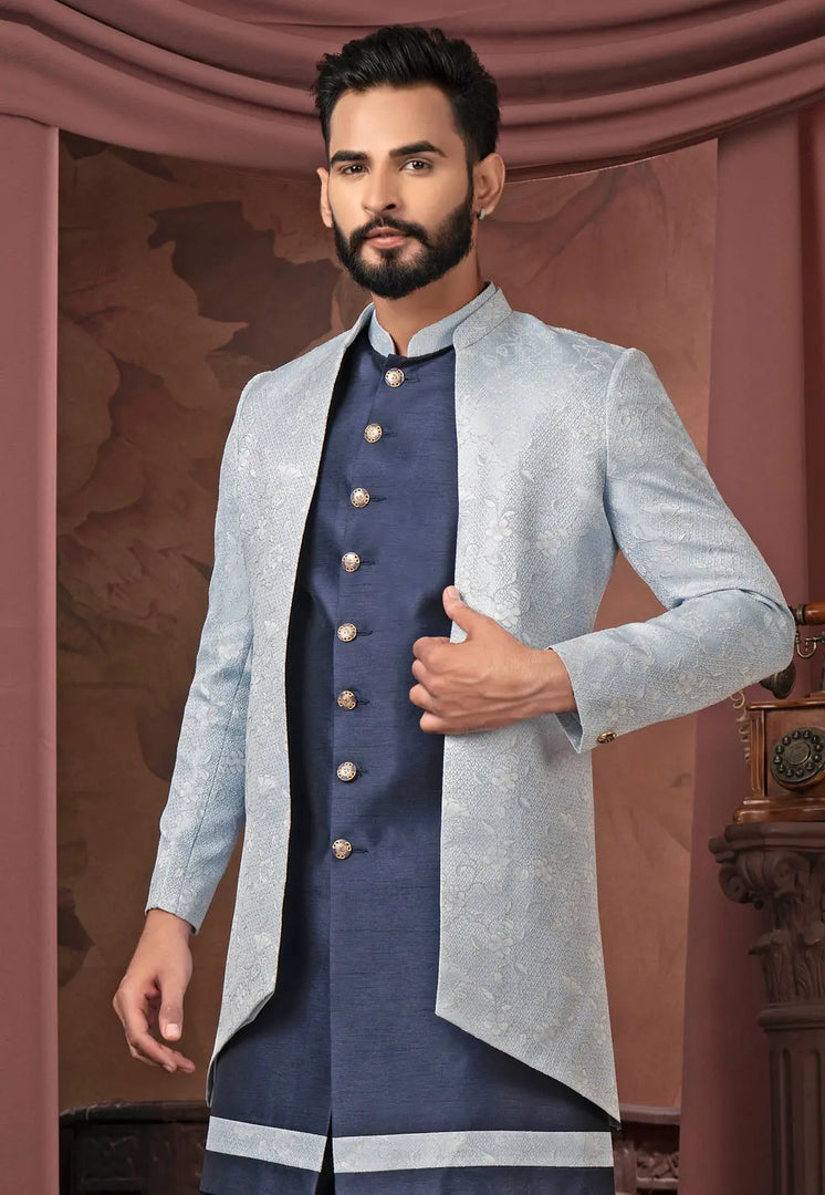 Navy Blue Jacquard Jacket Style Sherwani